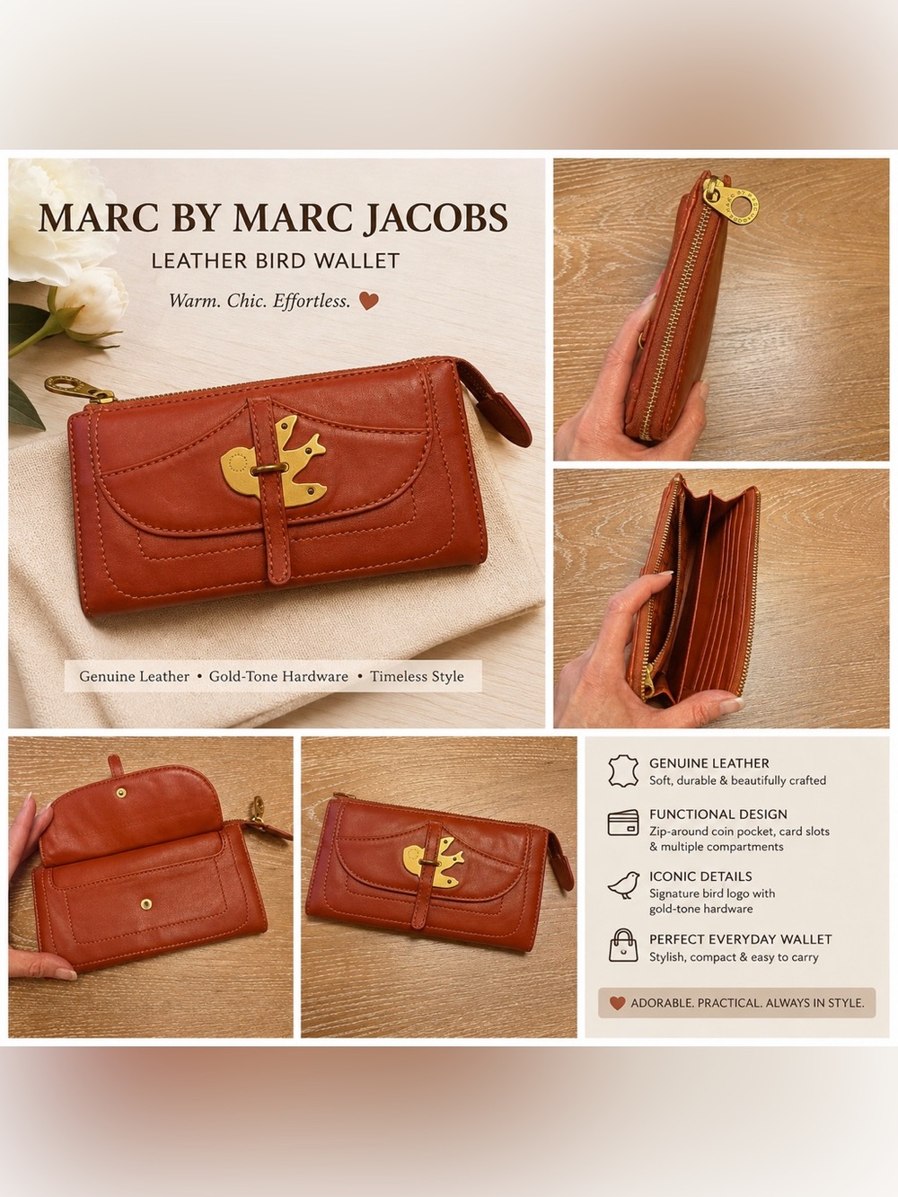 Marc by Marc Jacobs Tan Leather Bird Card Holder with Gold Hardware
